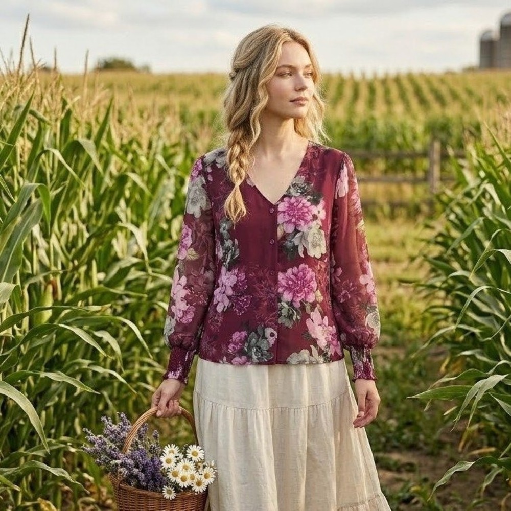 Floral Blouse Womens XL Burgundy Long Sleeve‎ Top Cottagecore Boho Prairie Sheer